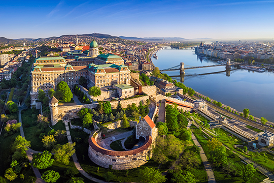 An aerial shot of Budapest and the Danube